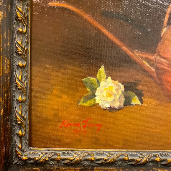 Original Oil Painting of An Antique Watering Can & White Flower w/Frame 11 x 14" - Picture 5 of 5